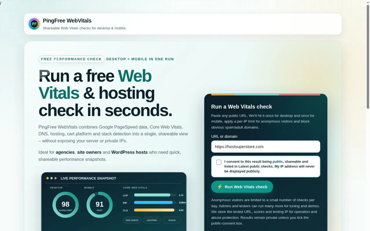 PingFree WebVitals website diagnostics homepage